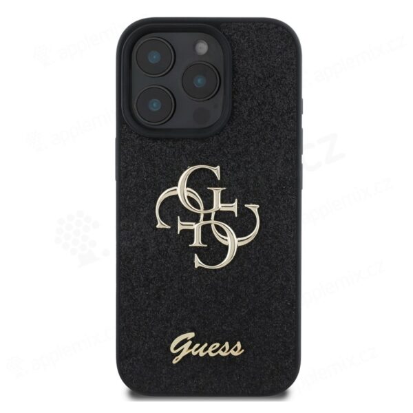 Kryt GUESS Fixed Glitter pro Apple iPhone 16 Pro Max - 4G Metal Logo - umělá kůže - černý